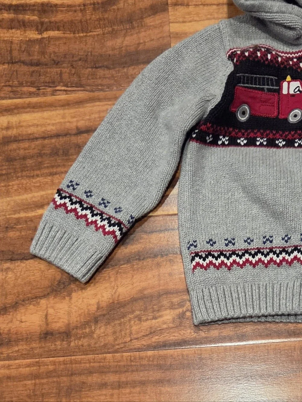 Gymboree EUC 18-24 Months Gray Hooded Zip Sweater w/ Firetruck Fair Isle Print